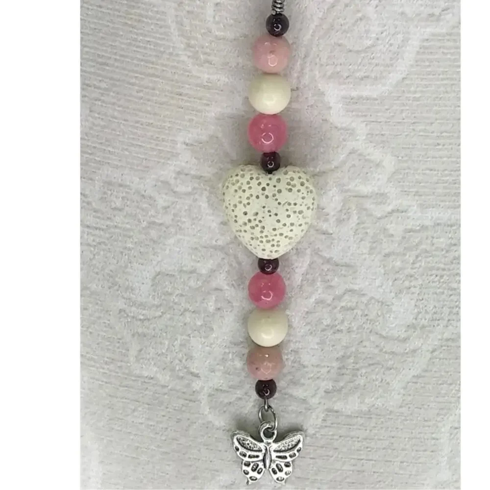 Handmade Butterfly Bag Charm Beaded Pink Cream Diffuser Keychain Lava Heart NEW
